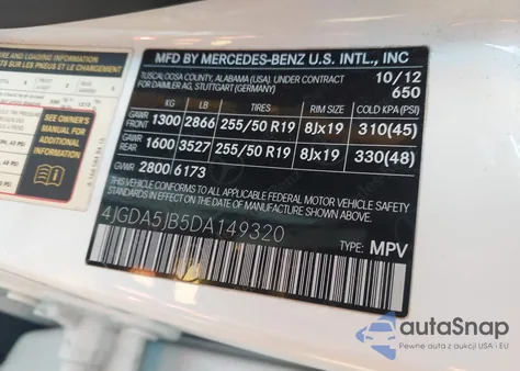 2013 Mercedes-Benz Ml 350 from USA, damaged, VIN 4JGDA5JB5DA149320